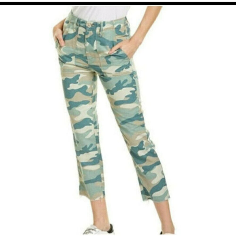 MOTHER Sz 25 The Shaker Chop Crop Frayed Hem Linen Blend Pants Blue Green Camo